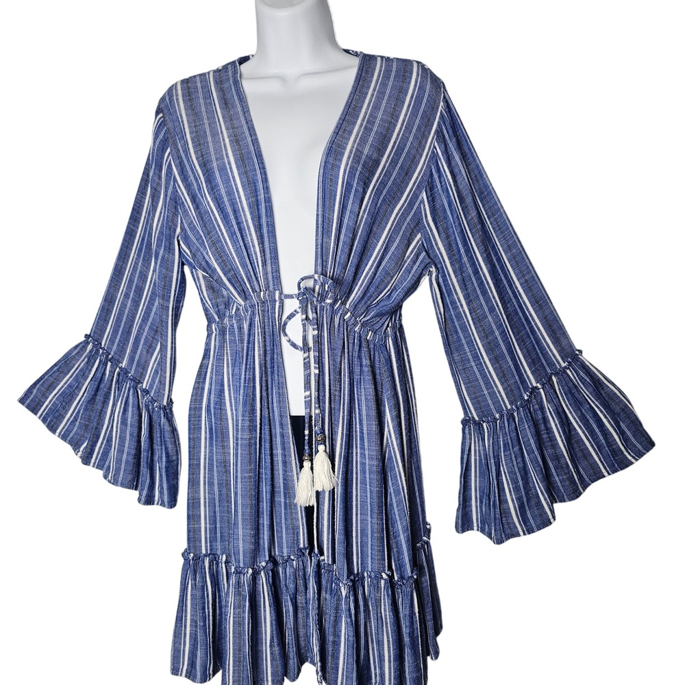 Blue Island Kimono Womens L Blue Striped Bell Sleeve Tassel Tie Swim Cover Up